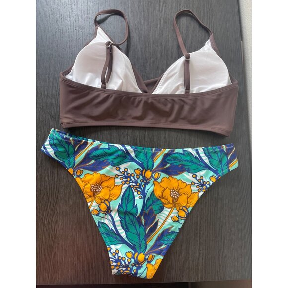 Cupshe Women Large Brown Bikini Set Twist Front Top Floral High Waist Bottoms - Picture 2 of 3